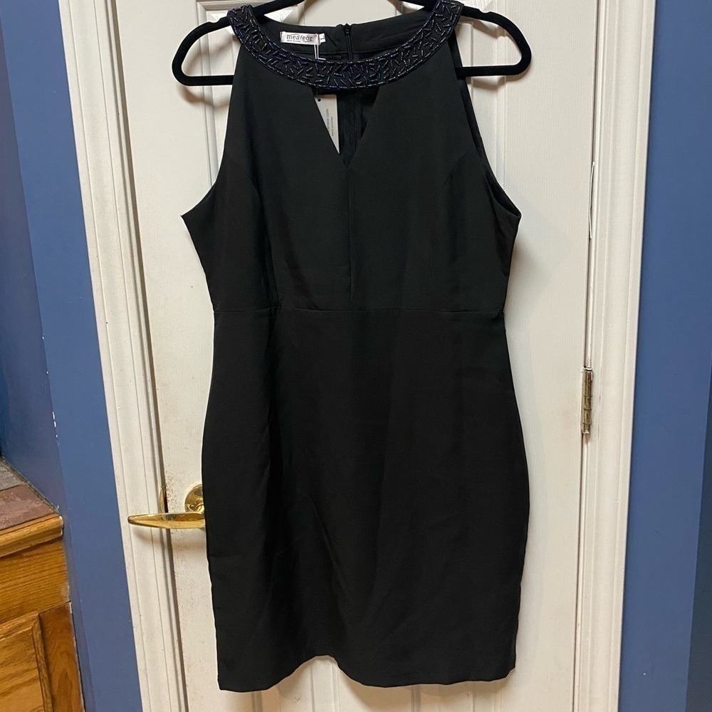 Meaneor Womens Black Off The Shoulder Mesh Cut Out Embellished Neckline Dress L.